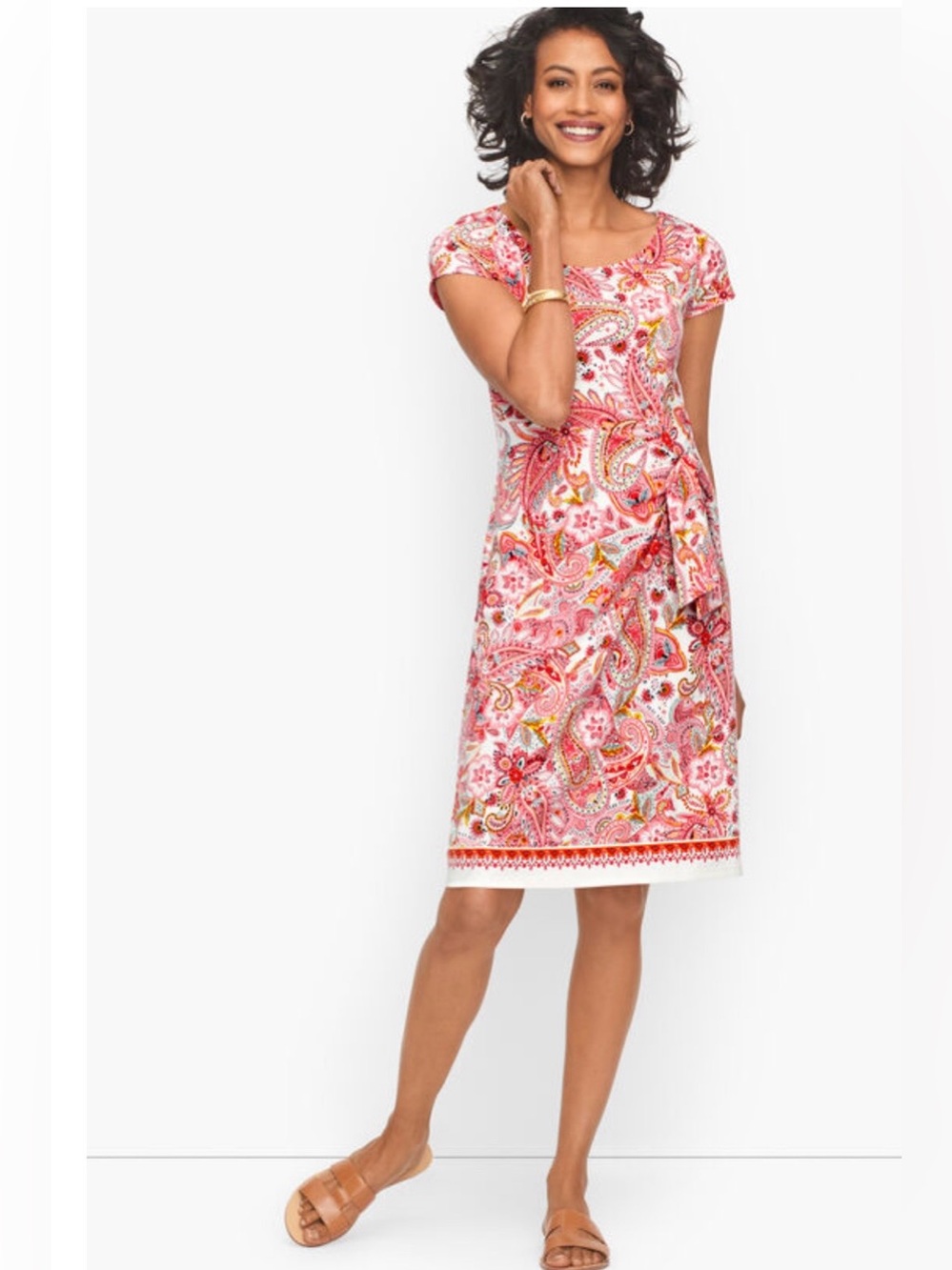 Talbots Pink Paisley Short-Sleeve Midi Dress with Self Tie
